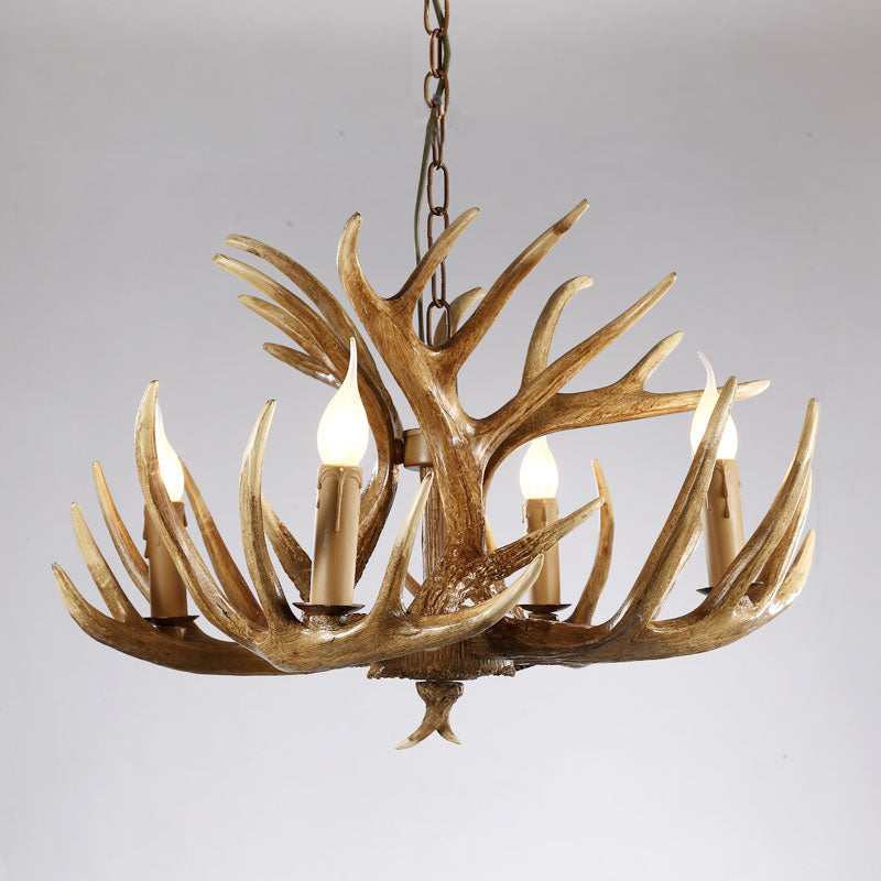 Artificial Antler Rustic Chandelier – Resin & Wood Pendant with Exposed Bulbs