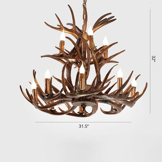 Artificial Antler Rustic Chandelier – Resin & Wood Pendant with Exposed Bulbs
