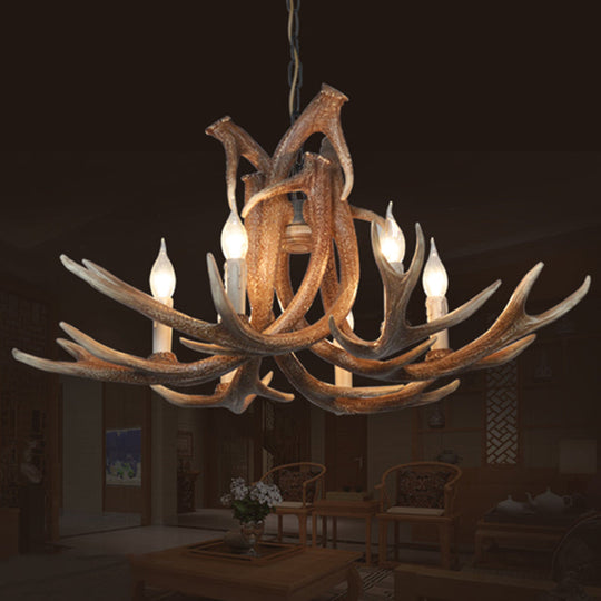Rustic Resin Antler Chandelier – 6-Light Brown-Yellow & White Dining Pendant