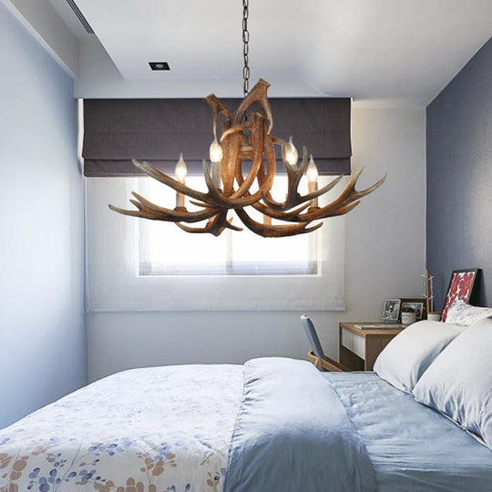 Rustic Resin Antler Chandelier – 6-Light Brown-Yellow & White Dining Pendant