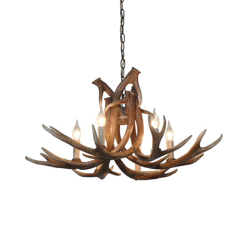 Rustic Resin Antler Chandelier – 6-Light Brown-Yellow & White Dining Pendant