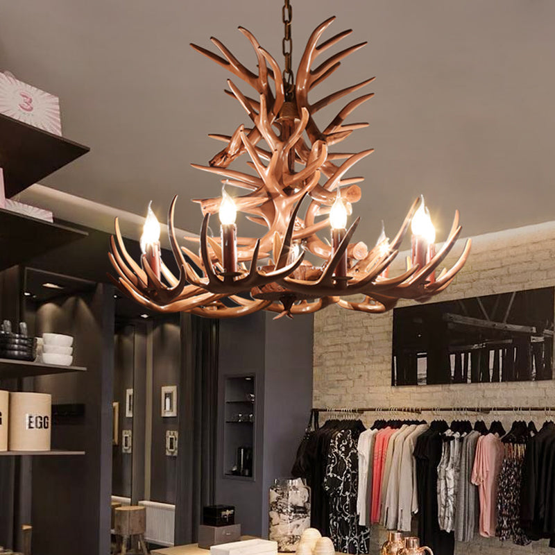 Rustic 9-Head Antler Resin Chandelier – Farmhouse Brown Pendant for Dining & Living Spaces