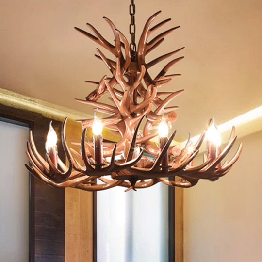 Rustic 9-Head Antler Resin Chandelier – Farmhouse Brown Pendant for Dining & Living Spaces