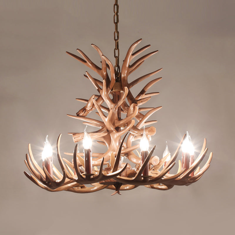 Rustic 9-Head Antler Resin Chandelier – Farmhouse Brown Pendant for Dining & Living Spaces