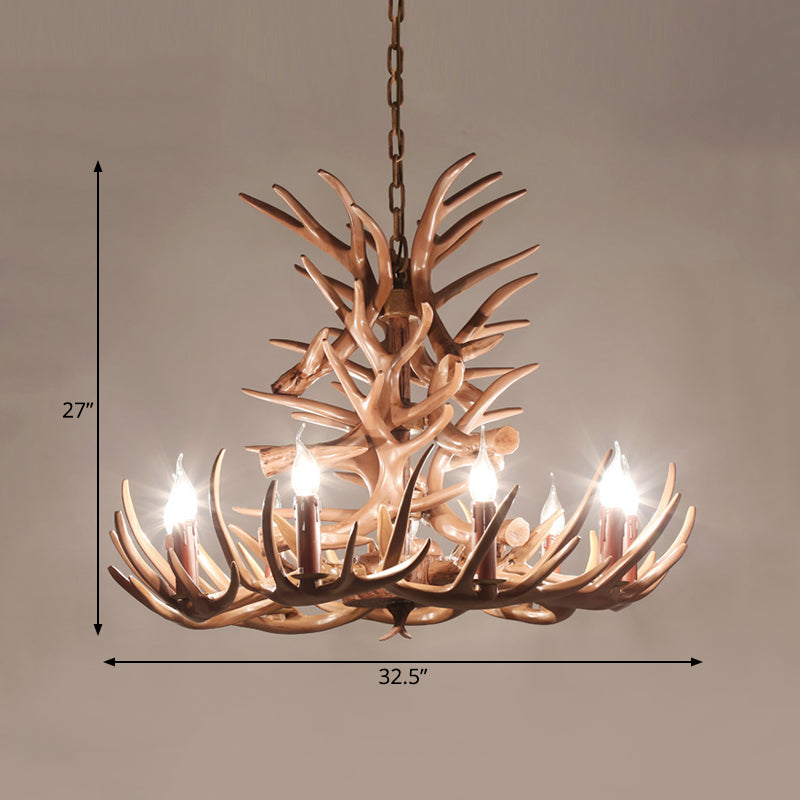 Rustic 9-Head Antler Resin Chandelier – Farmhouse Brown Pendant for Dining & Living Spaces
