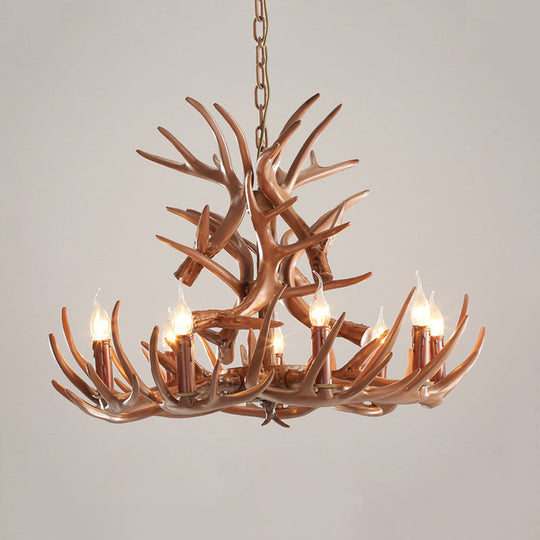 Rustic 9-Head Antler Resin Chandelier – Farmhouse Brown Pendant for Dining & Living Spaces