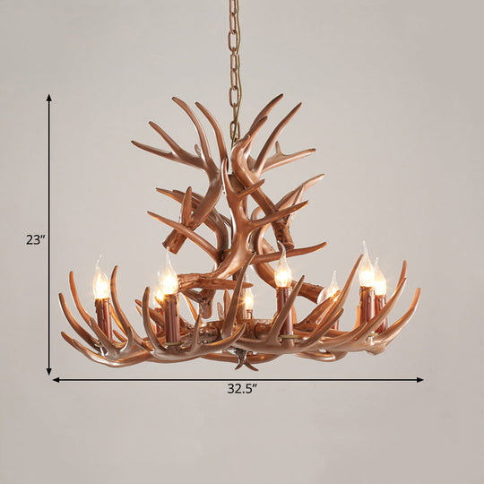 Rustic 9-Head Antler Resin Chandelier – Farmhouse Brown Pendant for Dining & Living Spaces