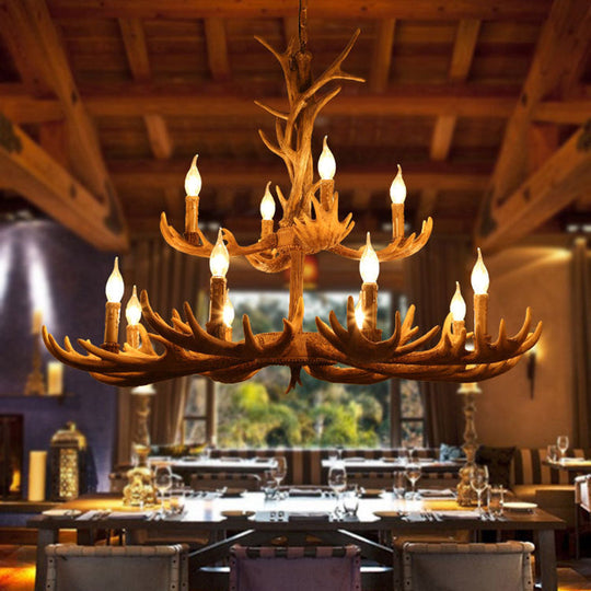 Rustic Deer Antler Resin Chandelier – Two-Tier 12-Light Pendant