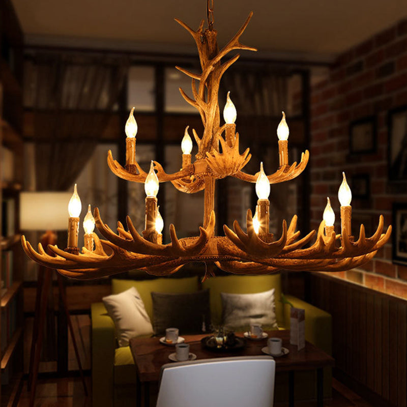 Rustic Deer Antler Resin Chandelier – Two-Tier 12-Light Pendant