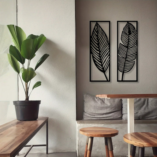 Set of 2 Leaf Silhouette Black Metal Wall Art Decor