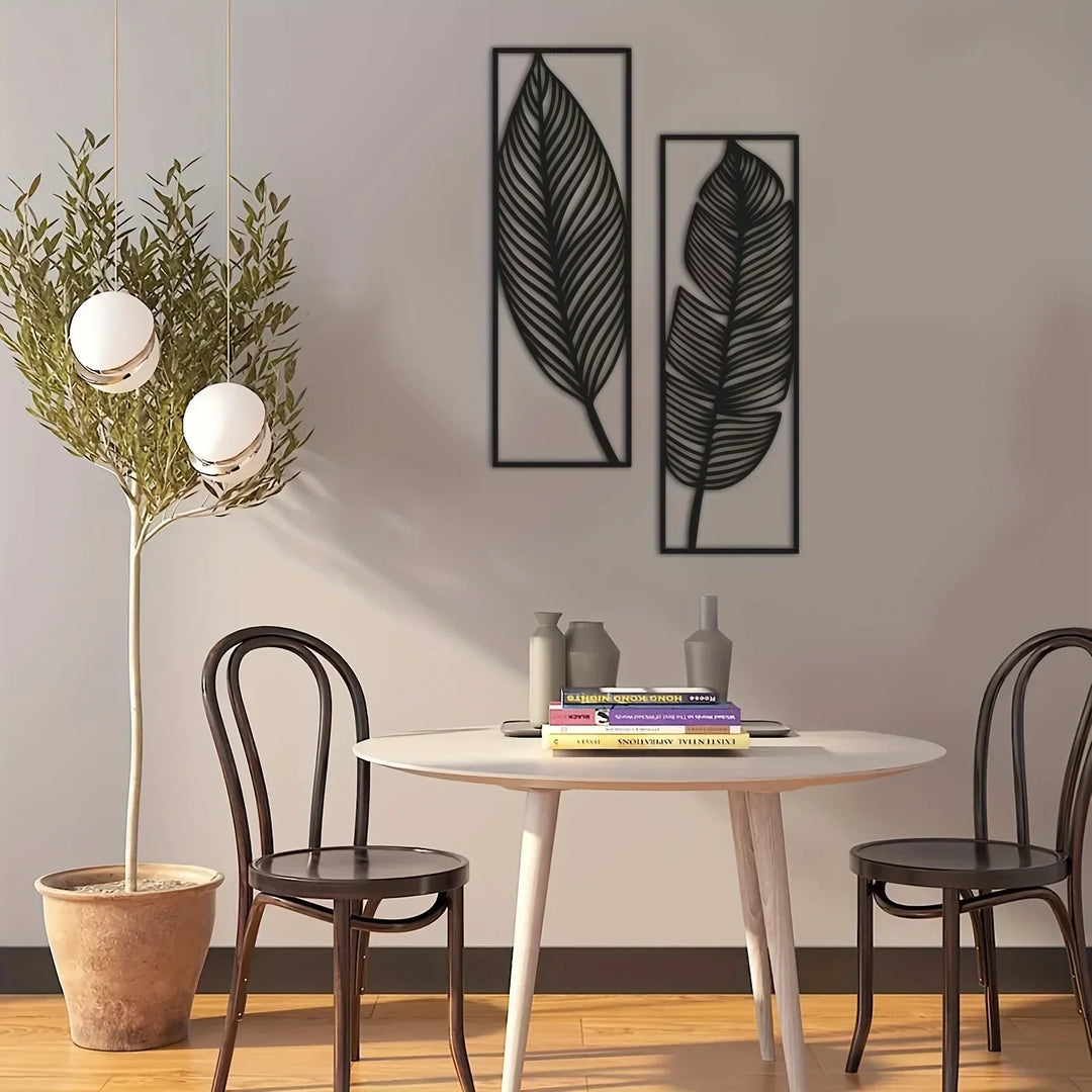 Set of 2 Leaf Silhouette Black Metal Wall Art Decor