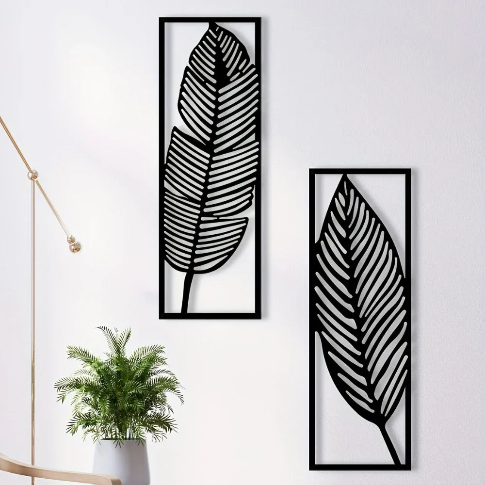 Set of 2 Leaf Silhouette Black Metal Wall Art Decor