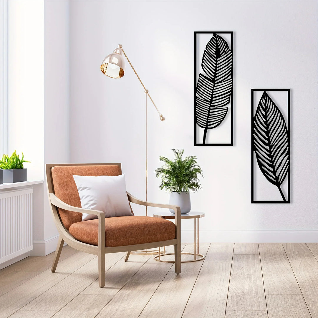 Set of 2 Leaf Silhouette Black Metal Wall Art Decor