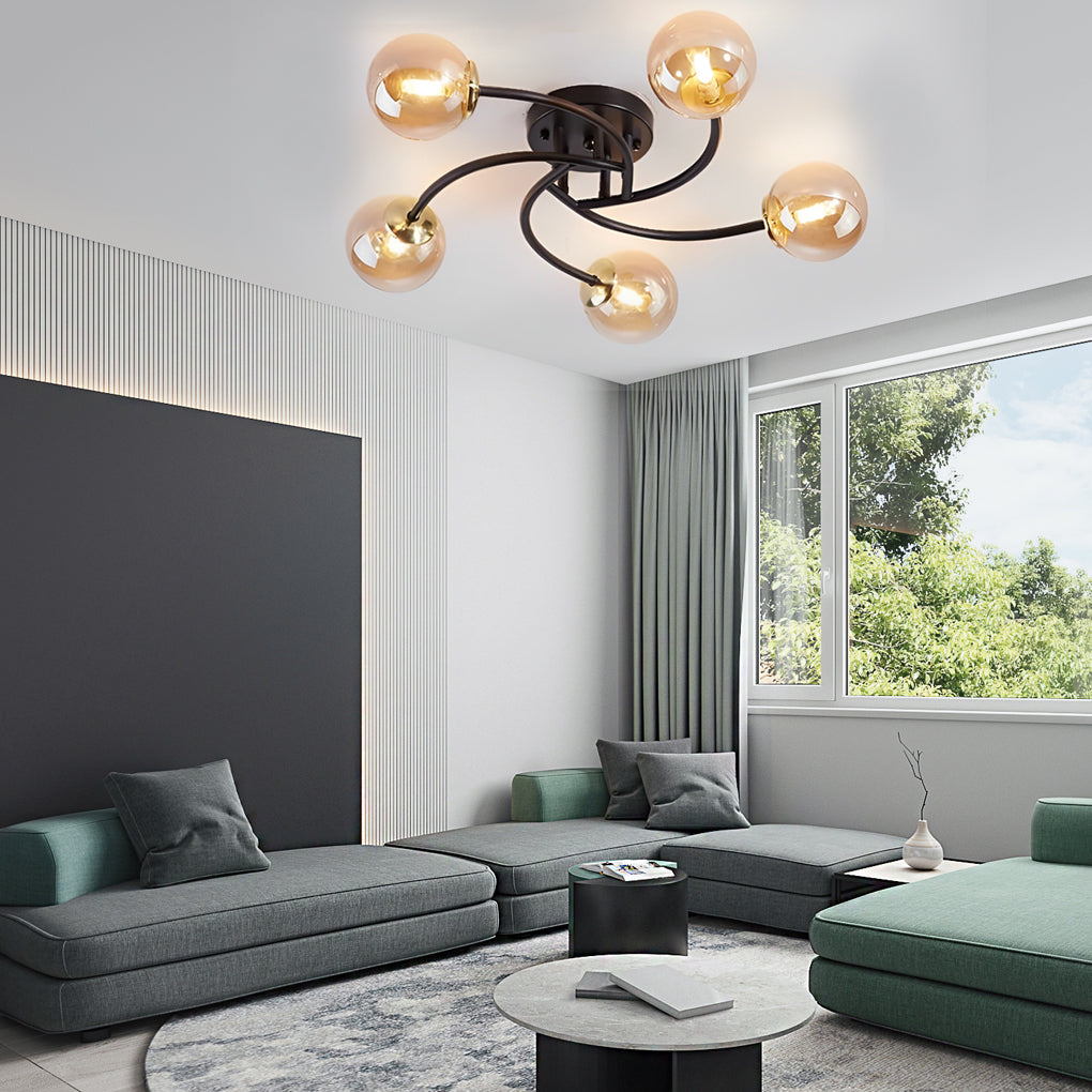 5-Light Glass Globe Swirled Metal LED Modern Flush Mount Ceiling Light
