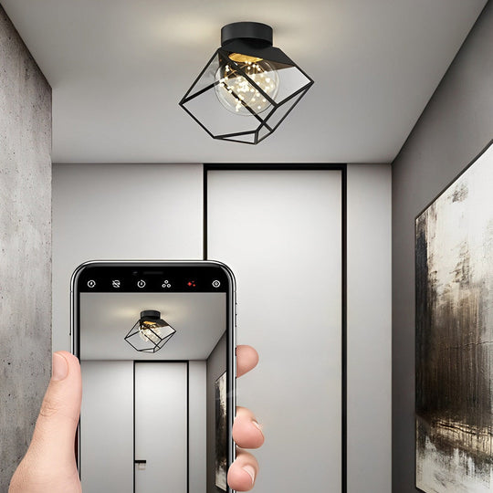 Square Frame Metal Glass Three-Step Dimming Black Modern Ceiling Lamp