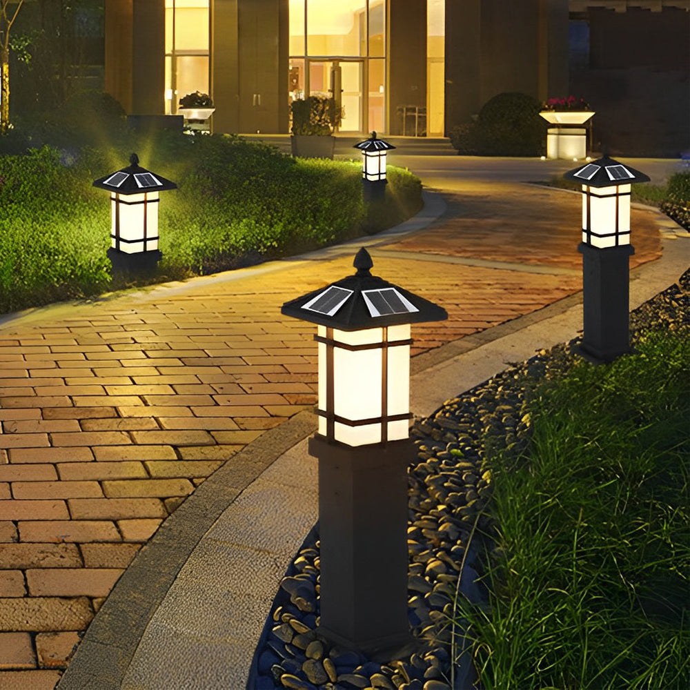 Modern Solar LED Bollard Lights with Ancient Asian Style Top – Waterproof Outdoor Light