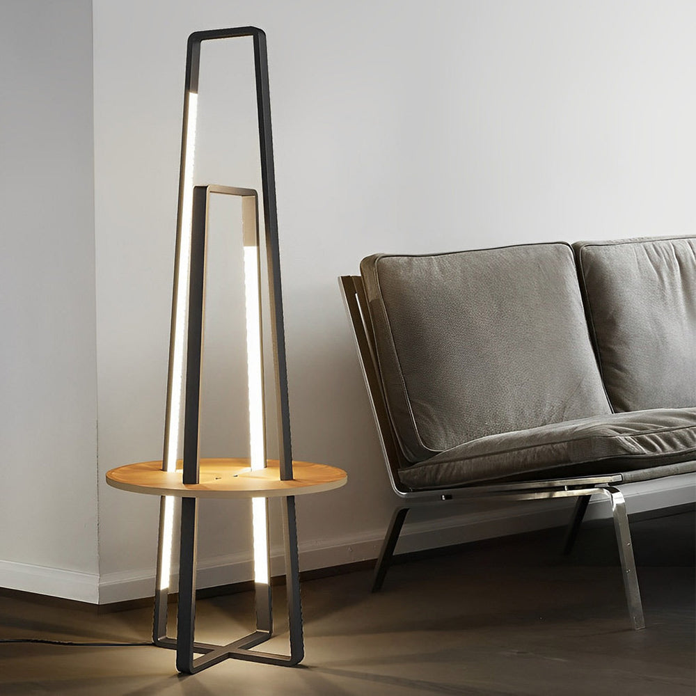 Modern 63'' LED Metal Floor Lamp with Wooden Tray and Remote Control