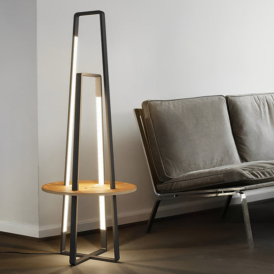 Modern 63'' LED Metal Floor Lamp with Wooden Tray and Remote Control