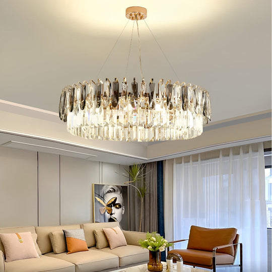 Double Layer Round Electroplated Metal Crystal Gold Modern Chandelier