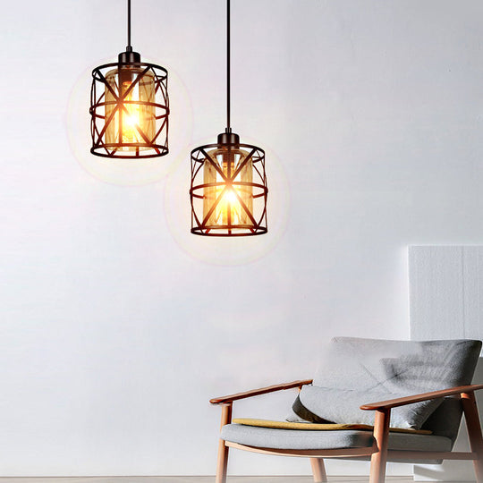 Creative Round Iron Glass Black Retro Industrial Style Pendant Light