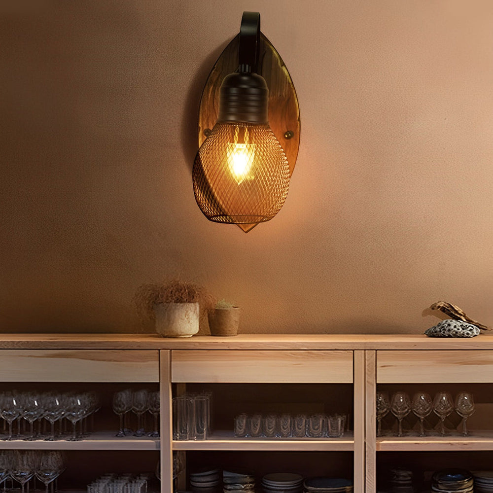 Rustic Antique Wood & Iron Mesh Industrial Wall Lamp