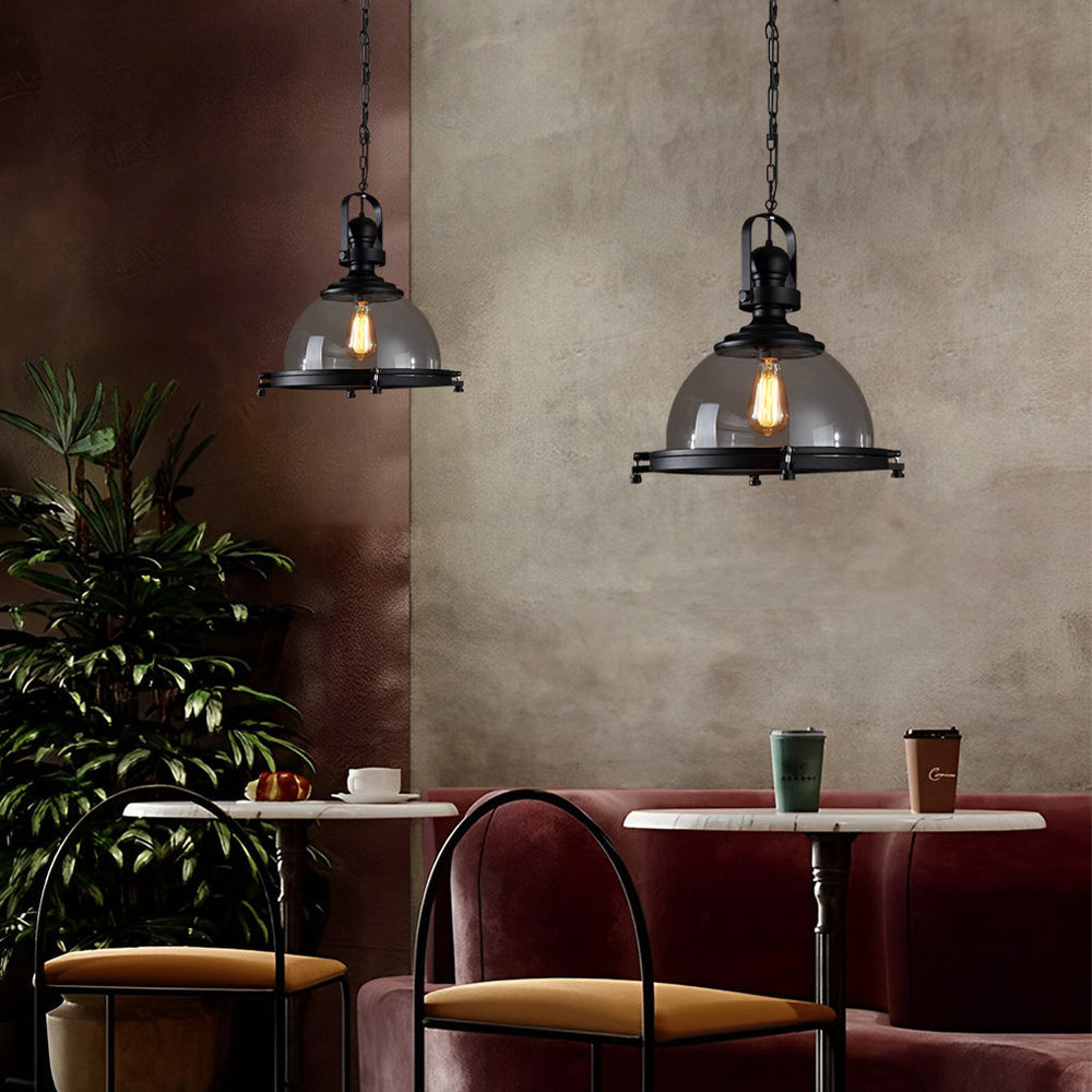 Retro Semicircular Glass Iron Black Industrial Pendant Light Chandelier