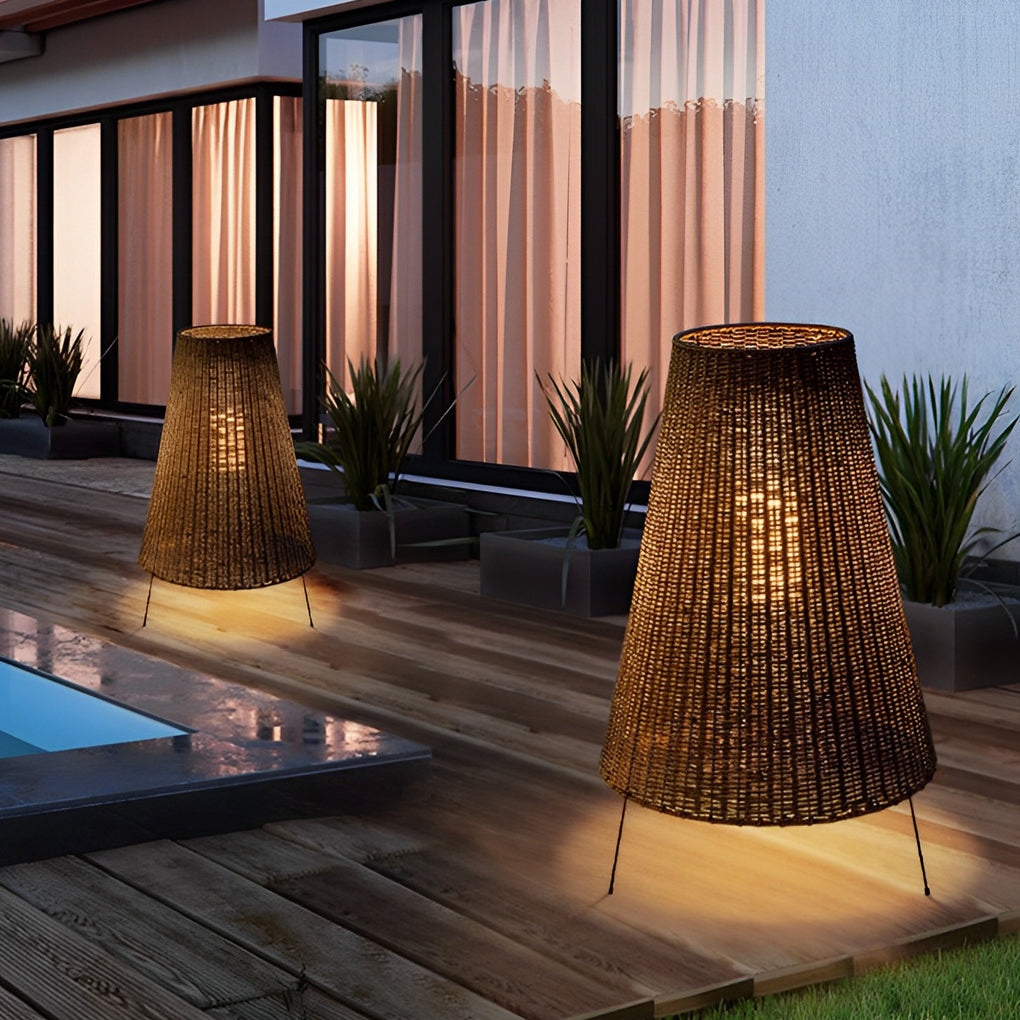 Rattan Shaded Tripod Outdoor Floor Lamp with Metal Frame