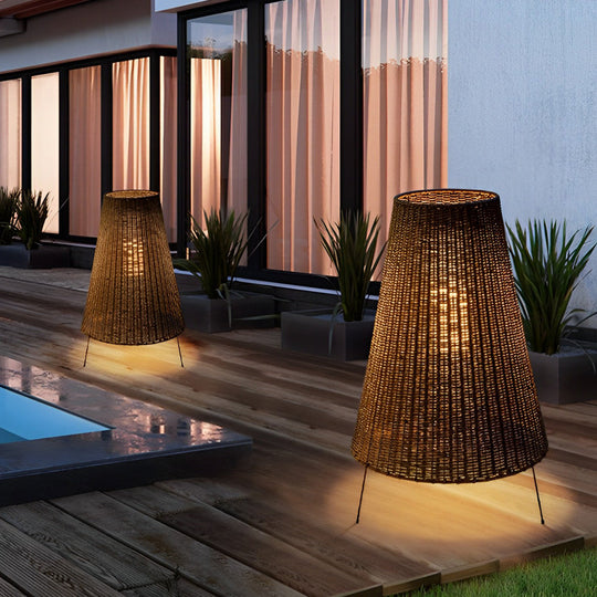 Rattan Shaded Tripod Outdoor Floor Lamp with Metal Frame