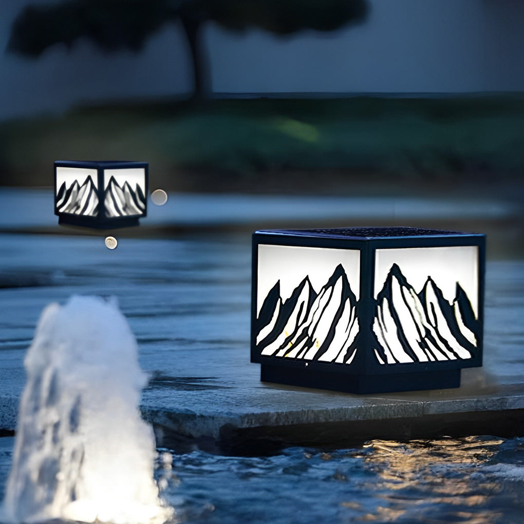 Black Solar LED Fence Post Light with Mountain Pattern Design