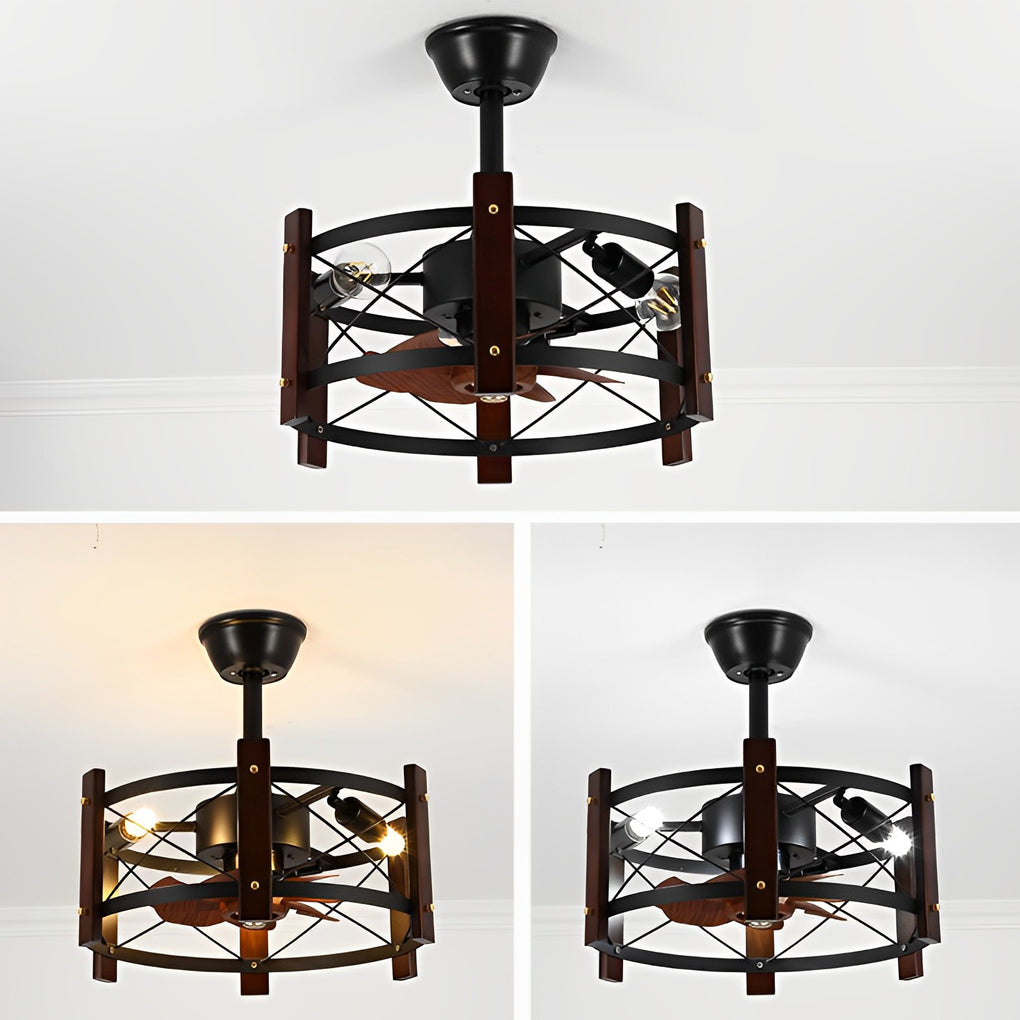 Retro Black Bladeless Ceiling Fan with Mesh Chandelier Cage and E26 Holders