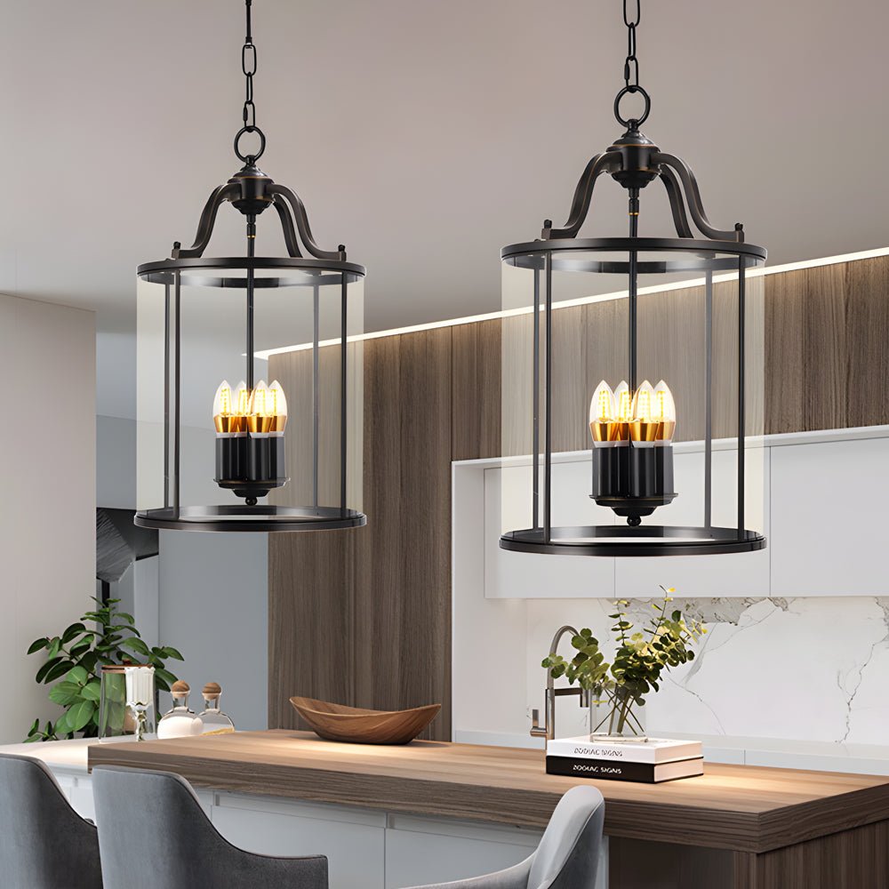 3/4 Light Candlelight Vintage Cylinder Glass Lantern Pendant Light Black