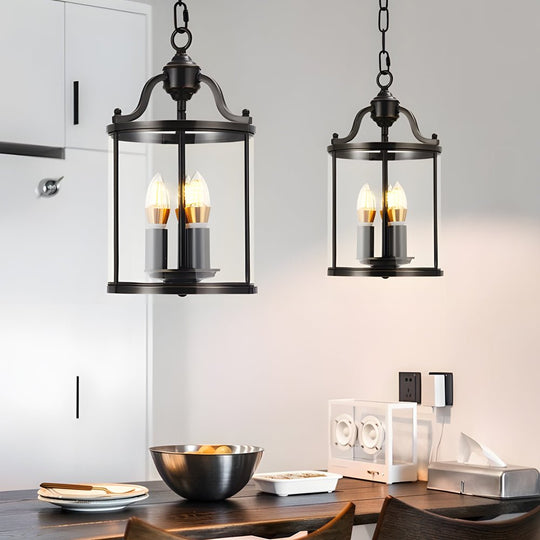 3/4 Light Candlelight Vintage Cylinder Glass Lantern Pendant Light Black