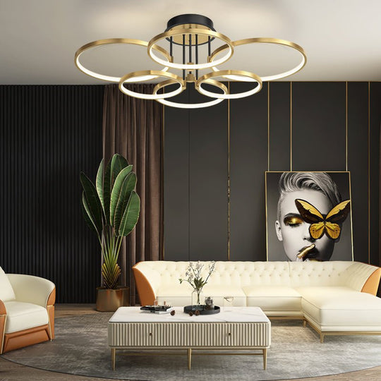 3/5/6 Rings Three Step Dimming Gold Modern Ceiling Light with Leather