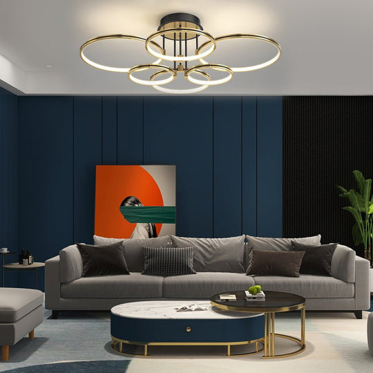 3/5/6 Rings Three Step Dimming Gold Modern Ceiling Light with Leather