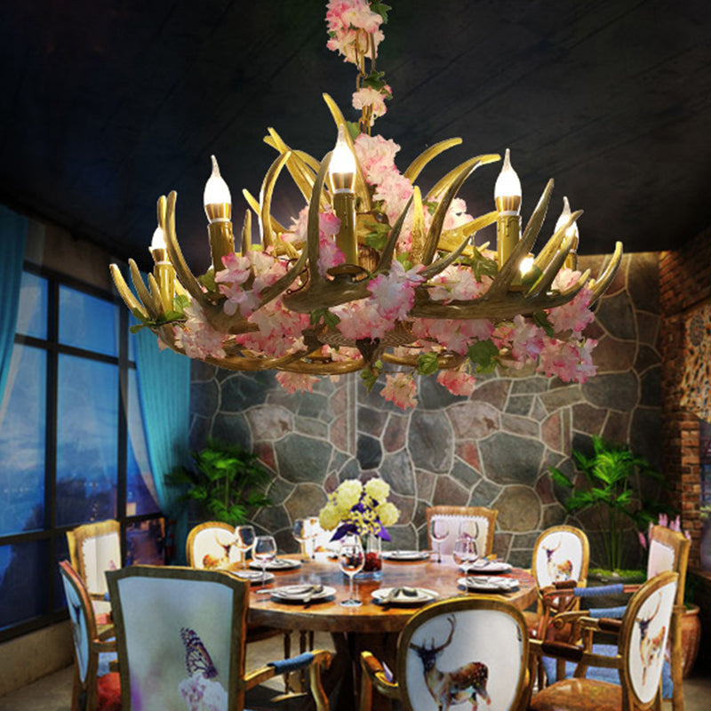 Pink Antler Resin Chandelier – 12-Light Industrial Ceiling Lamp with Cherry Blossom Design