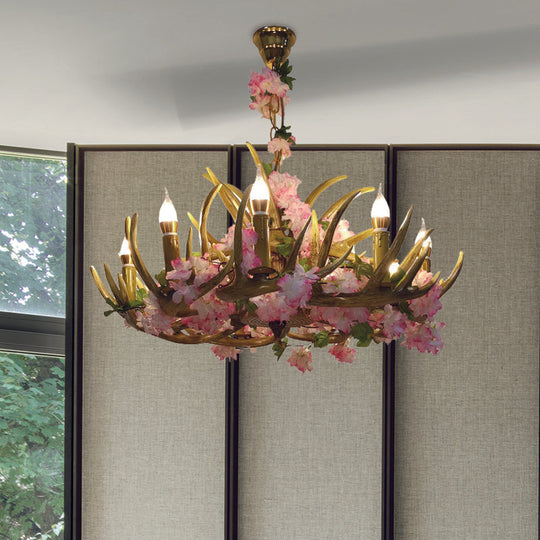 Pink Antler Resin Chandelier – 12-Light Industrial Ceiling Lamp with Cherry Blossom Design