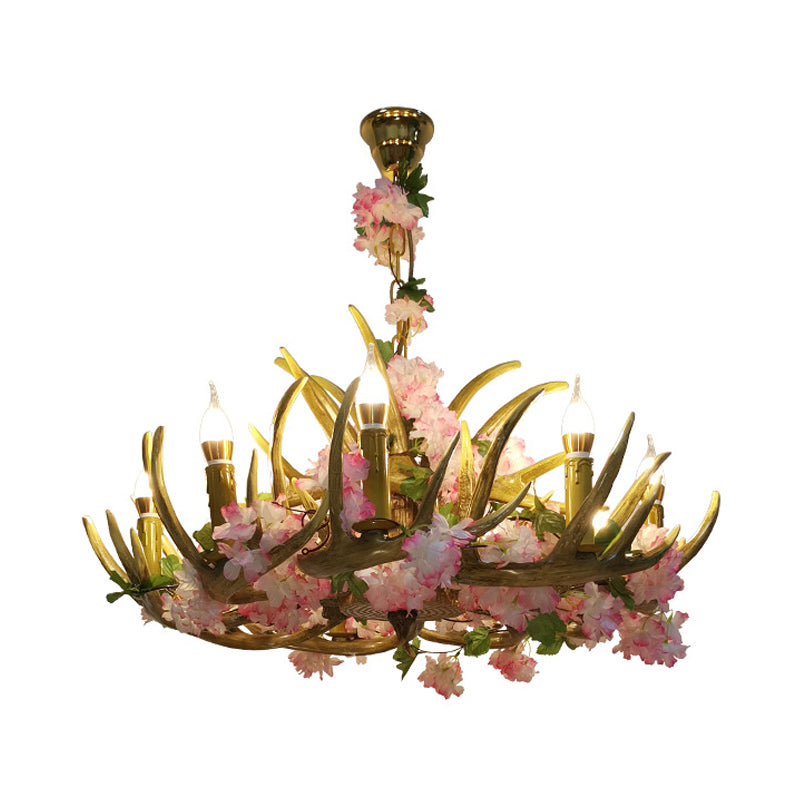 Pink Antler Resin Chandelier – 12-Light Industrial Ceiling Lamp with Cherry Blossom Design