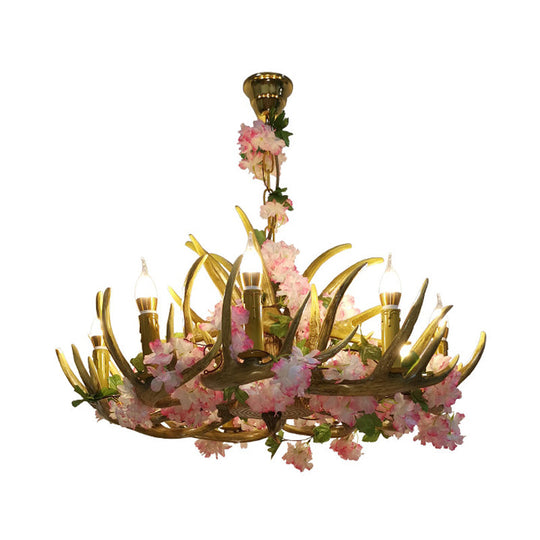 Pink Antler Resin Chandelier – 12-Light Industrial Ceiling Lamp with Cherry Blossom Design
