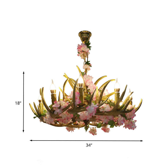 Pink Antler Resin Chandelier – 12-Light Industrial Ceiling Lamp with Cherry Blossom Design