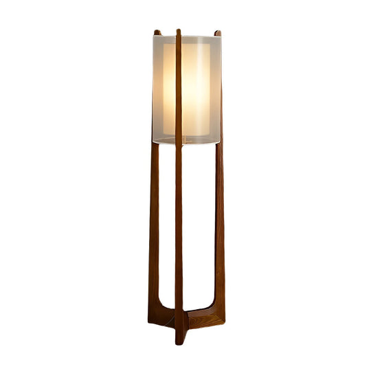 Rustic Japanese-Style Wood Standing Floor Lamp with Double Shades