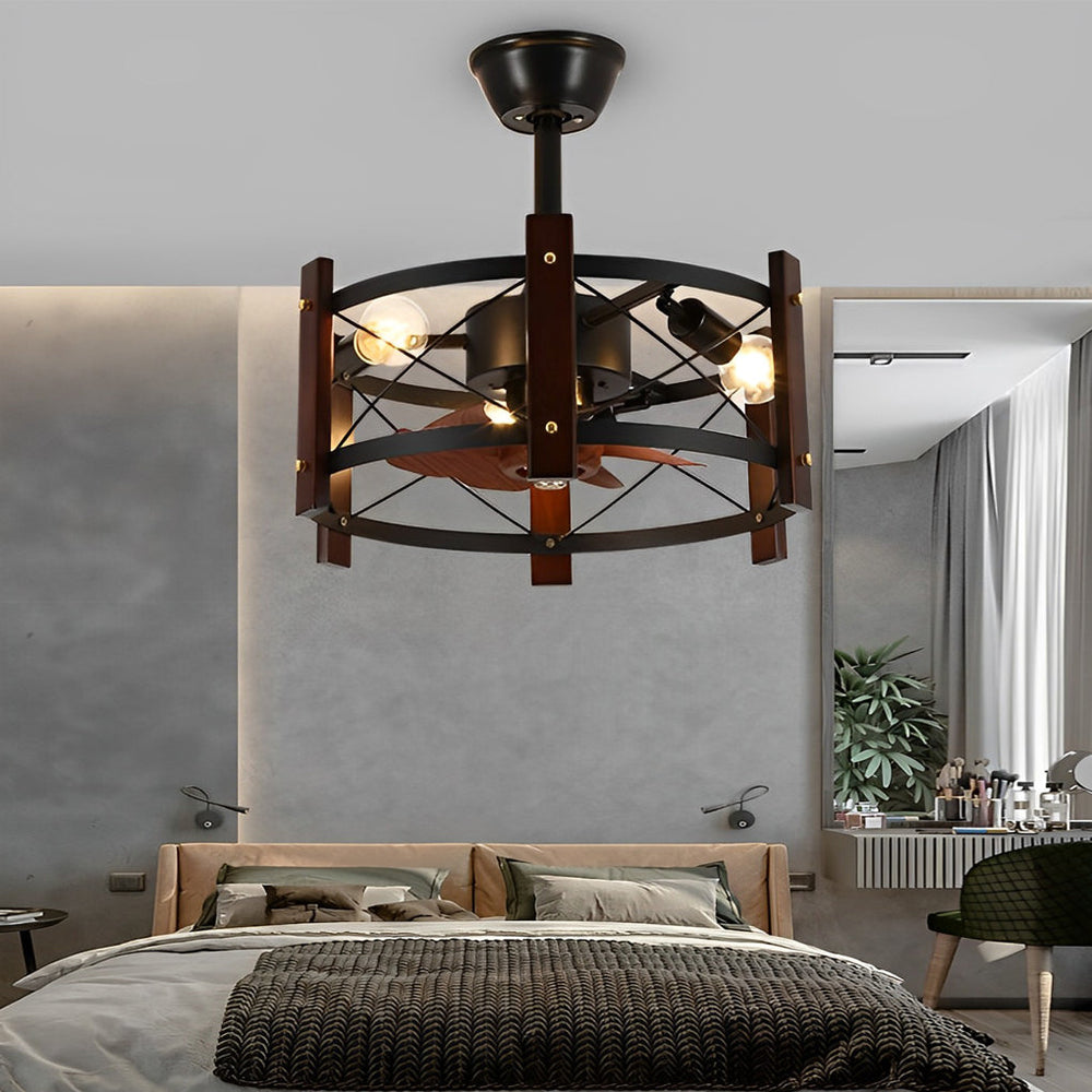 Retro Black Bladeless Ceiling Fan with Mesh Chandelier Cage and E26 Holders