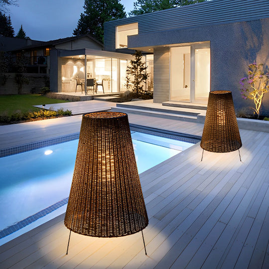 Rattan Shaded Tripod Outdoor Floor Lamp with Metal Frame