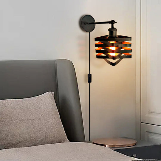 Adjustable Swing Arm Industrial Black LED Wall Lamp with Plug
