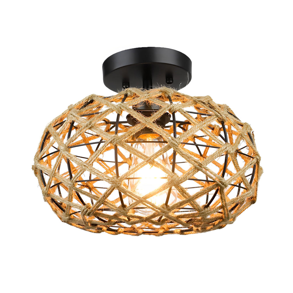 Round Hand-Woven Cage Rope Beige Retro Minimalist Ceiling Light Chandelier