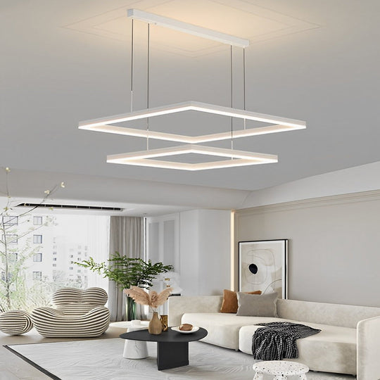 Ultra-Thin Square Rings Three-Step Dimming LED Modern Chandelier – White Finish