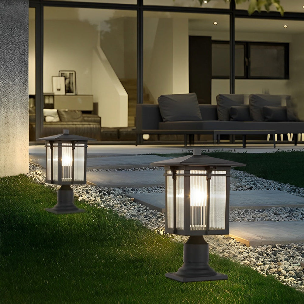Striped Glass Shade LED Waterproof Outdoor Post Light