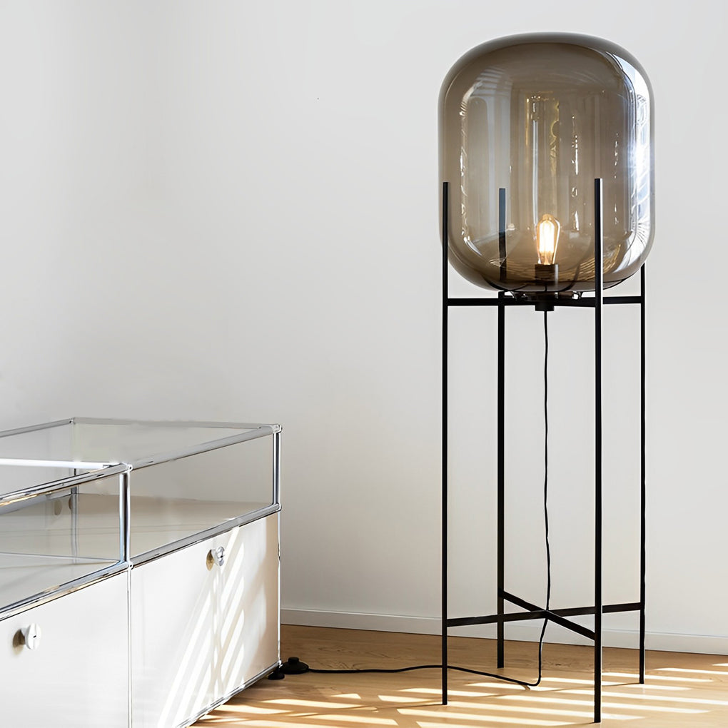 Industrial Standing Metal & Hand-Blown Glass Floor Lamp