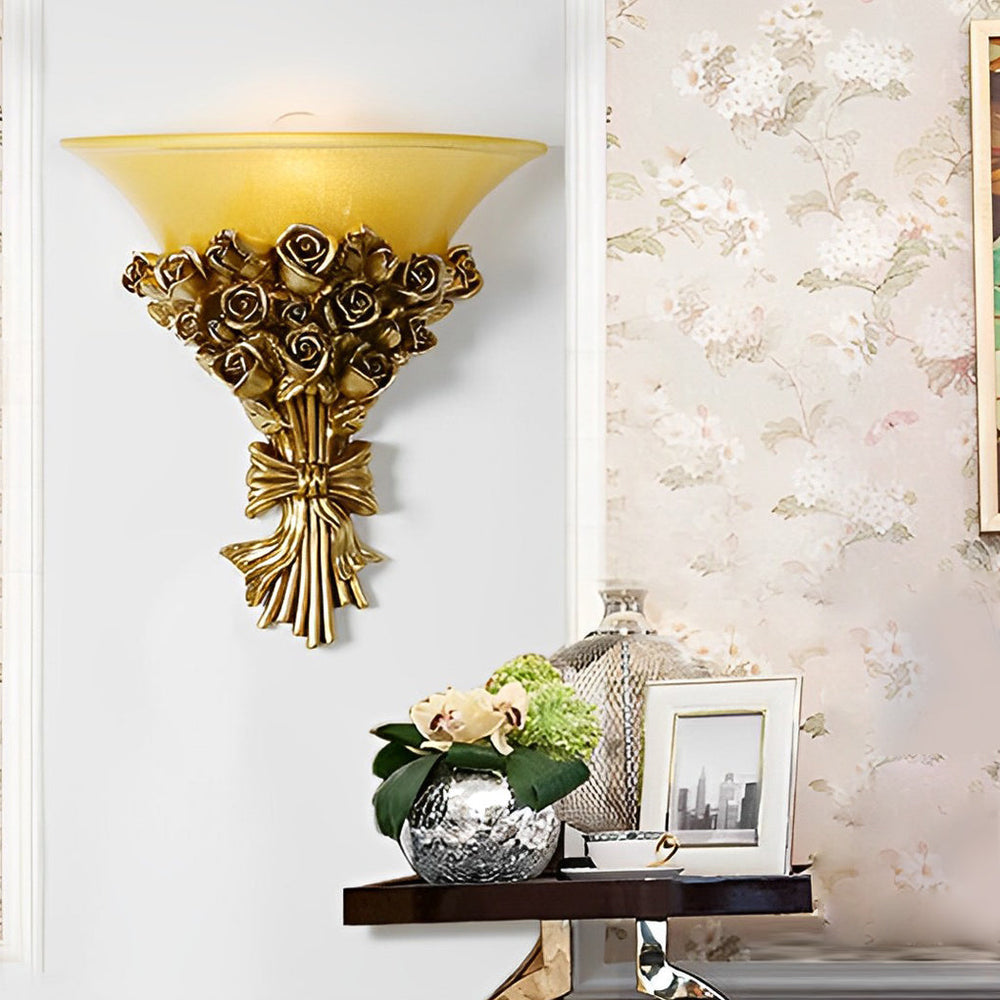 Retro Resin Roses Bouquet Glass European Wall Lamp