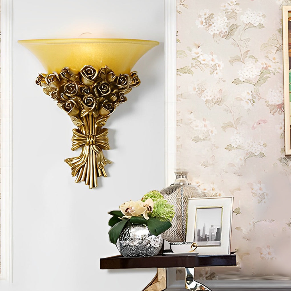 Retro Resin Roses Bouquet Glass European Wall Lamp