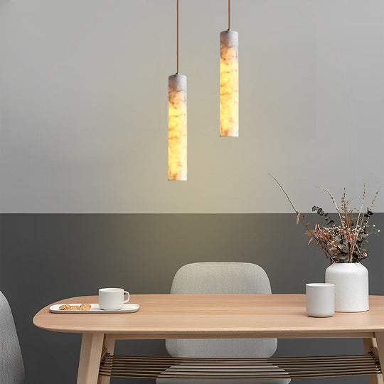 Elongated Cylindrical Marble Texture Minimalist Chandelier Pendant Light